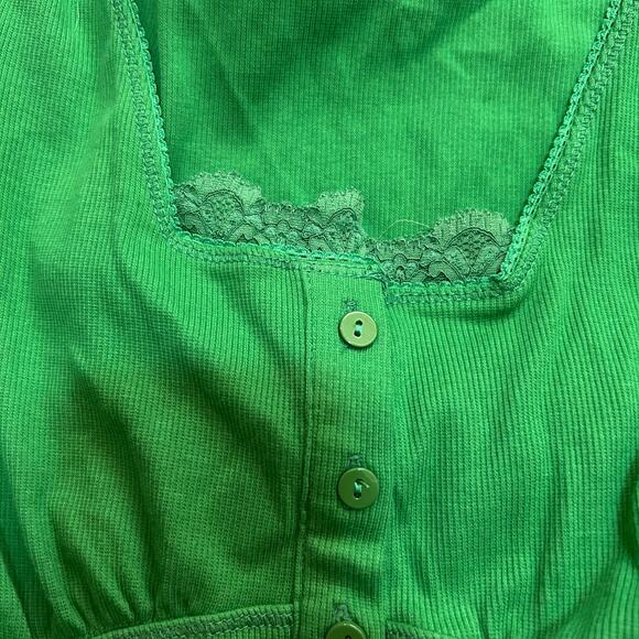 Y2K Sahalie Babydoll Henley Top Green Womens XS Cottage Boho Bella Swan Lace - Picture 2 of 5